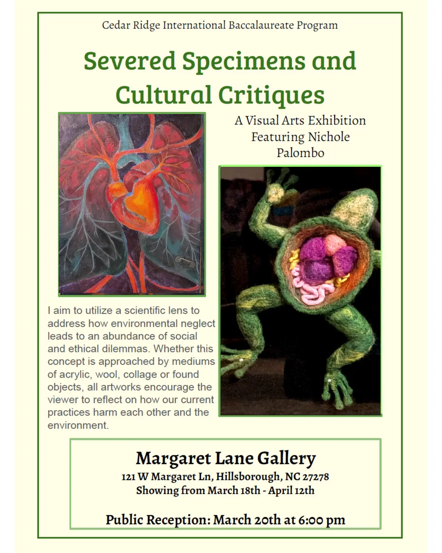Severed Specimens and Cultural Critiques, a CRHS International Baccalaureate Art Show featuring Nichole Palombo