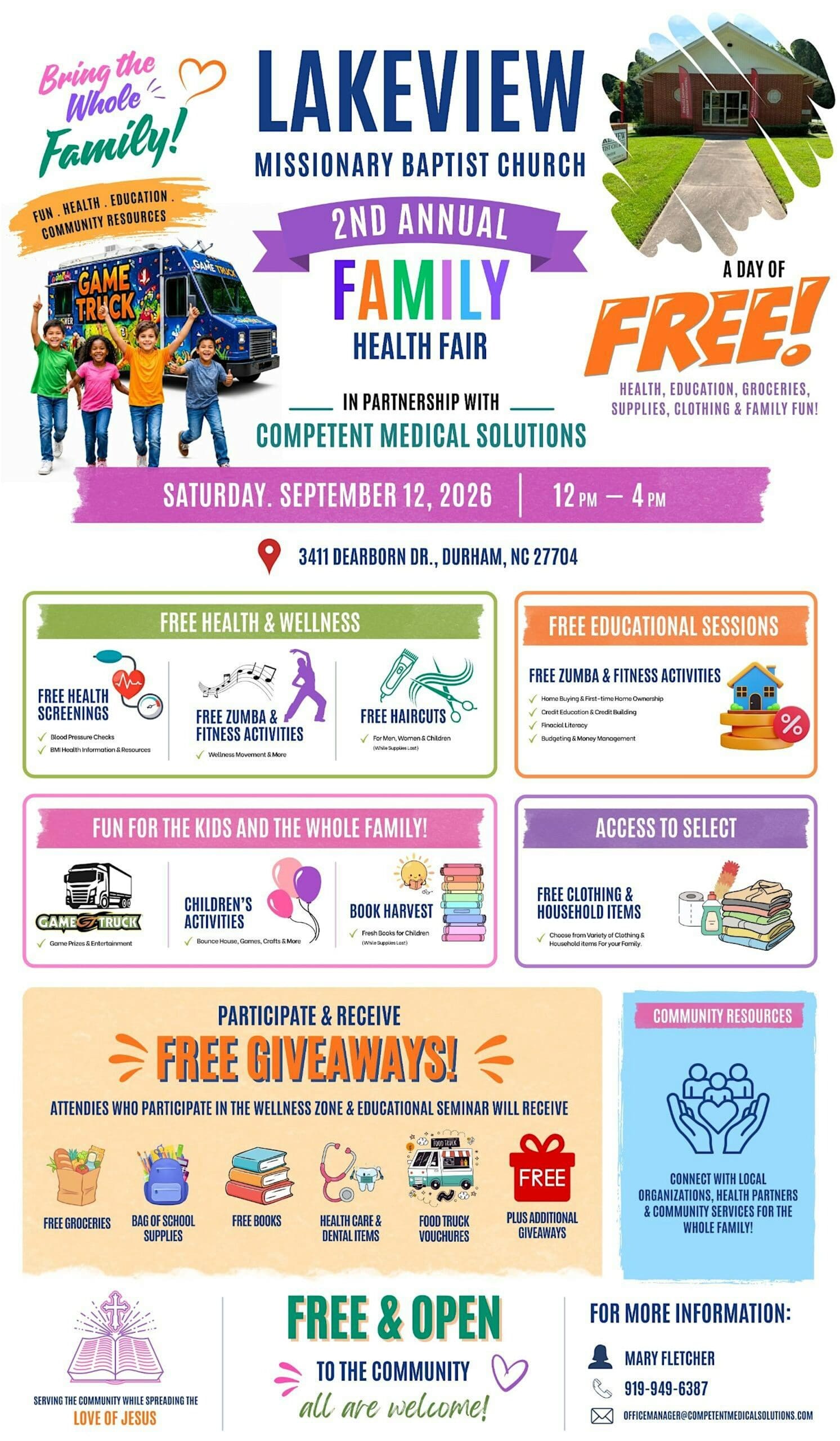 FREE Groceries, School Supplies, Clothers & Family Health Fair — Family fun in Lakeview Missionary Baptist Church · Durham